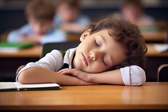 Tired young child falling asleep at school. KI generiert, generiert, AI generated