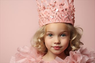 Portrait of cute young girl wearing pink carnival or Halloween princess costume with crown. KI