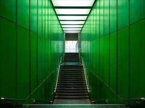 AI generated minimalist architectural shot of green walls intersecting around a modern stairway