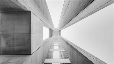Greyscale image showing a symmetrical perspective of a building converging at a vanishing point, AI