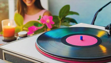A turntable with a spinning vinyl record in a cozy indoor setting with a smiling woman in the