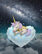 Illustration of a magical unicorn peacefully resting on a fluffy cloud against a cosmic starry