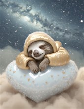Illustration of a cute sloth napping peacefully on a heart-patterned cloud, surrounded by stars, AI