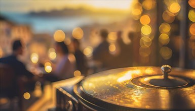 Friends enjoy drinks vinyl record playing together in cozy setting at sunset, bokeh effect ai