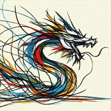 Vibrant abstract sketch of a dragon with swirling lines and colors, AI generated