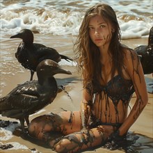 Young woman with Raven on oil-polluted beach, thoughtful expression, blending with nature, AI