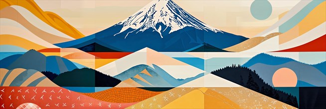 A tranquil scene with the majestic Mount Fuji in the distance, surrounded by geometric patterns and