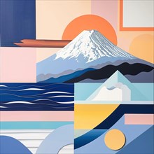 Minimalist design with Mount Fuji, ocean waves and sun in pastel colours, Japan, AI generated, AI