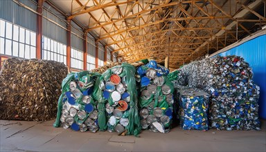 Symbol photo, many empty tin cans, pressed and bundled into bales in a recycling plant, AI