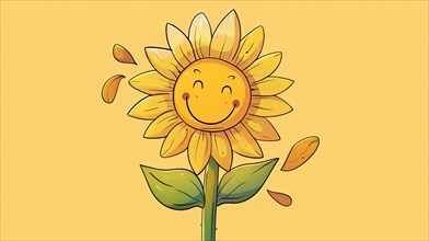 Cheerful cartoon sunflower with a smile against a warm yellow background, AI generated
