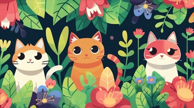 Cute cartoon cats with large eyes in a whimsical setting of flowers and leaves, AI generated