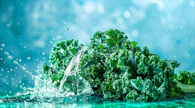 Fresh bunch of green kale floating in water. A concept of vegetarian lifestyle and vegetarian diet,
