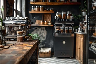 A cozy vintage coffee shop with espresso machine and glass jars on wooden shelves, AI generated