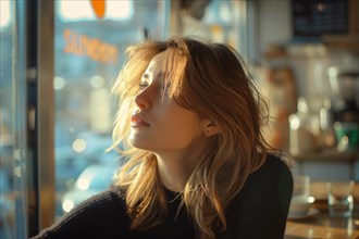 Young woman in cafe bathed in golden hour sunlight, looking contemplative, AI generated