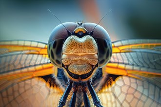 Stylized macro photography of a dragonfly head, AI generated