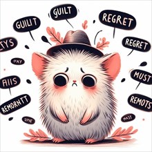 Whimsical illustration of a cute, wide-eyed cat surrounded by thought bubbles containing the words