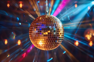 A disco ball is suspended from the ceiling at party in nightclub, reflecting the lights and