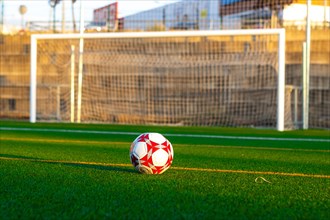 Soccer ball on the grass in front of the field. View from the ground of a soccer ball in front of