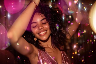 Close up of happy young woman dancing at nightclub. KI generiert, generiert, AI generated
