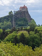 Forest edge, Riegersburg Castle in the background, Styrian volcanic country near Riegersburg,