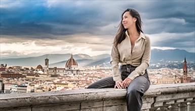 Woman sitting relaxed overlooking the historic cityscape of Florence under a cloudy sky, AI