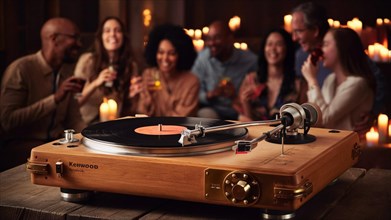 Wooden vintage record player playing a vinyl disk at a cozy social gathering, AI generated