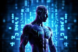 AI generated cybernetic male figure composed of fluid computer code symbolizing artificial