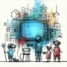 Sketch of a family in a living room with modern technology and entertainment devices, AI generated