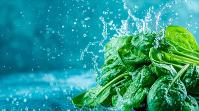 Fresh green spinach floating in water. A concept of vegetarian lifestyle and vegetarian diet, AI