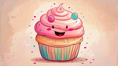 A playful pink cupcake with candy decorations and a big smile on a striped pastel background, AI