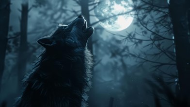 A mystical scene of a wolf howling under the moonlight amidst silhouetted trees, AI generated