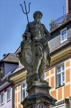 Neptune figure on the Neptune fountain, Kaufbeuern, Allgaeu, Swabia, Bavaria, Germany, Europe