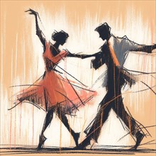 Sketch of an elegant dancing couple in pastel colors conveying movement and grace, AI generated