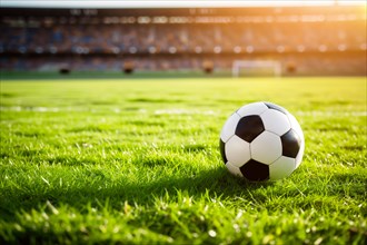 A soccer ball on a green field in soccer football stadium in evening on sunset with floodlights