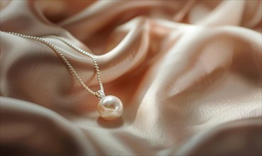 Pearl pendant necklace with a delicate chain arranged on a luxurious satin material background AI