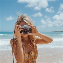 A woman holds a camera in front of her face on a sunny beach, AI generated