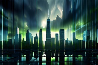 AI generated illustration of a cityscape with skyscrapers and holographic elements in green color