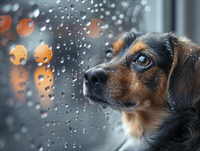 Bad weather, dog and cat looking sadly outside through a rainy window pane, AI generated