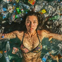 Woman dives into a sea littered with rubbish, looking serious, AI generated