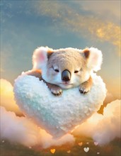 Cute illustrated koala bear cuddles a fluffy heart cloud against a dreamy sunset sky, AI generated