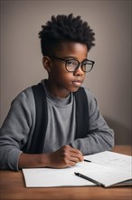 Young boy with glasses concentrating on homework with a somber expression, AI generated