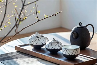 A modern redesign of the traditional Japanese tea ceremony with a black and white tea set on a dark