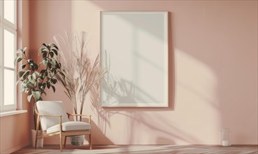 A blank image frame mockup on a blush pink wall AI generated