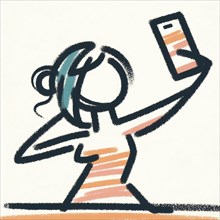 Dynamic sketch of a woman taking a selfie while dancing, with hints of blue and orange, AI