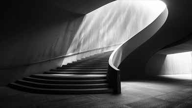 A striking black and white photo of a modern curved staircase casting elegant shadows, AI generated