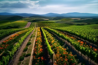 AI generated aerial view of a vineyard landscape interspersed with blooming wildflowers in spring