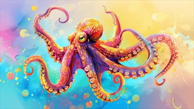 A vividly colored octopus with swirling tentacles in an abstract and imaginative art style, AI