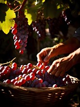 AI generated close up of workers hands delicately select ripened clusters of ripe grapes