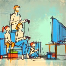 Stylized sketch of a family playing video games with dynamic body language, AI generated