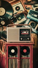 Assortment of vintage music items including cassettes and records with a retro radio, AI generated
